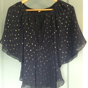 Anthropologie flowy navy and gold sparkle top